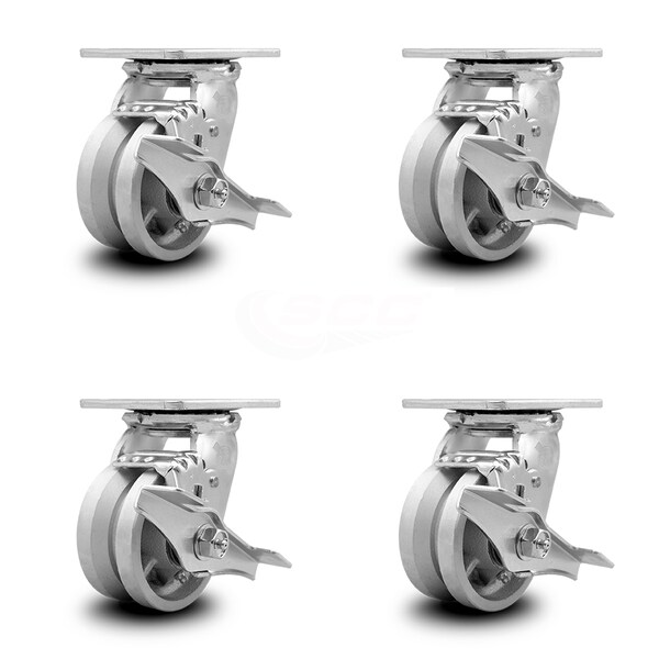 4 Inch V Groove Semi Steel Swivel Caster Set with Ball Bearings and Brakes SCC